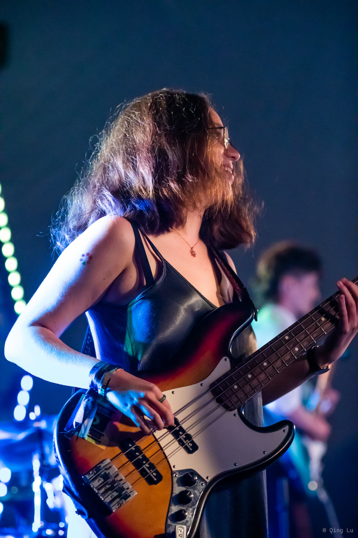 Anna-Maria playing bass at a Cambridge May Ball